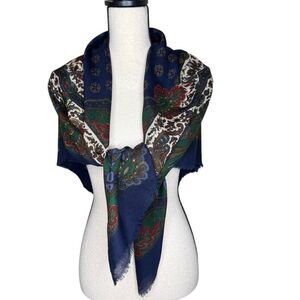 Pinto Wool Challis Scarf/Shawl White, Blue, Green & Burgundy Botanical 45” X 46”